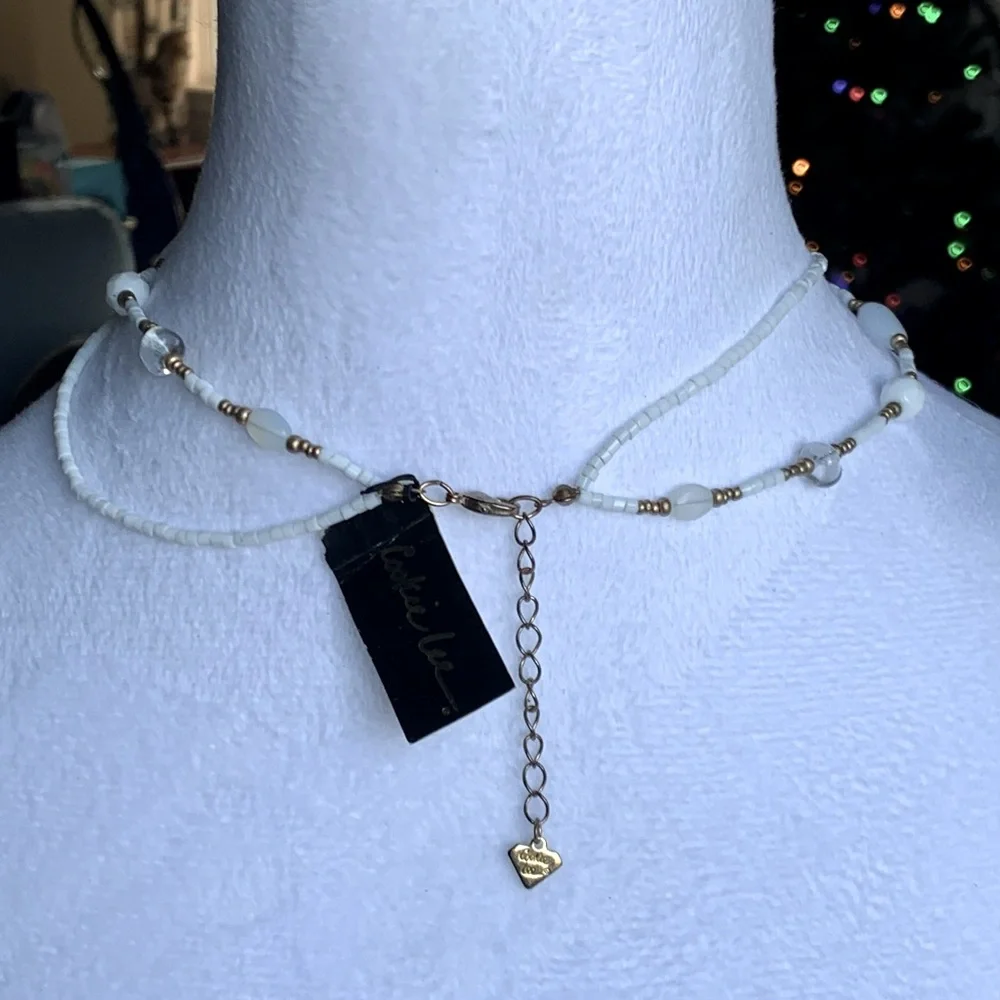 🥛 Double Strand Milky White Beed with Brass Tone Necklace by Cookie Lee - Picture 9 of 11